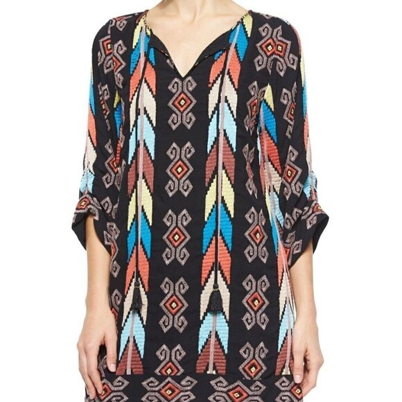 TOLANI Kamaya Aztec Chevron Embroidered Tassel Boho Long Tunic Blouse Dress Sz S - Picture 1 of 12
